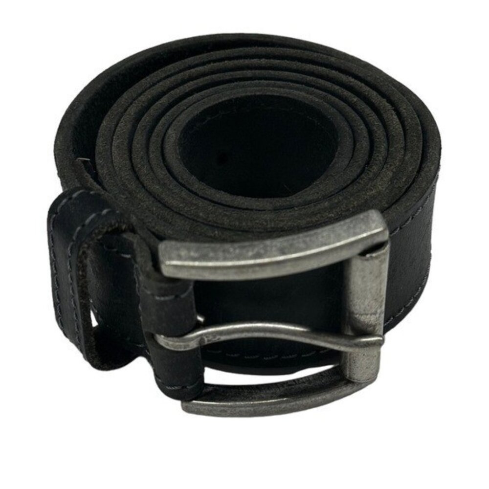 Buckle Men's 43"-47" Waist Belt Black Leather Casual Contrast Trim Silver Tone